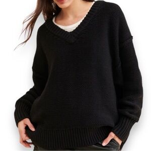 Free People Alli V-Neck Oversized Chunky Knit Black Sweater, Size XL, Like-New